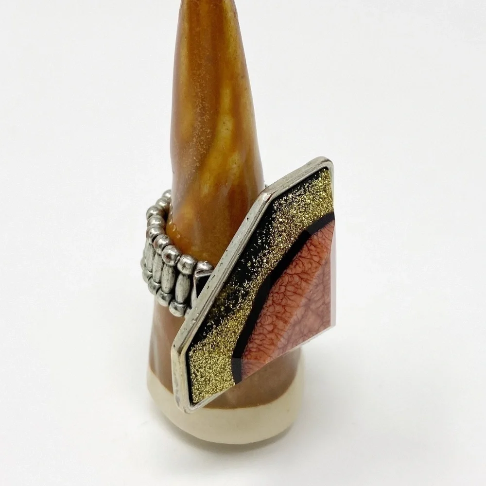 Large Coral + Gold shimmer stone ring